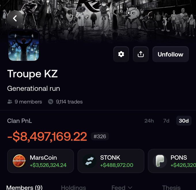 The image shows a crypto trading clan profile called "Troupe KZ" displaying a substantial 30-day loss of -$8,497,169.22 (ranked #326), with members' gains highlighted including MarsCoin (+$3,526,324.24), STONK (+$488,972.00), and PONS (+$426,320). The screenshot illustrates the "risking BIG" aspect of the post's message, showing that despite significant overall clan losses, individual members achieved impressive gains on specific trades.