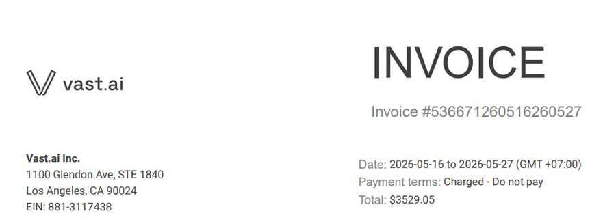 The image shows a screenshot of a Vast AI invoicing system, which appears to be a document or an email with information related to a payment. The text "Invoice" is prominently displayed at the top of the image, indicating that this is a record of a payment made by a customer. The invoice details include the date and total amount due, as well as the payment terms for the customer. The post also mentions that some rumors are circulating about @a16z being involved in a shady deal with @safetrade, but it's unclear if these claims are true or just speculations.