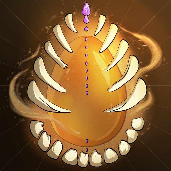 A stylized digital illustration of a golden egg-like object surrounded by floating curved cream-colored pieces and a vertical line of small purple drops.