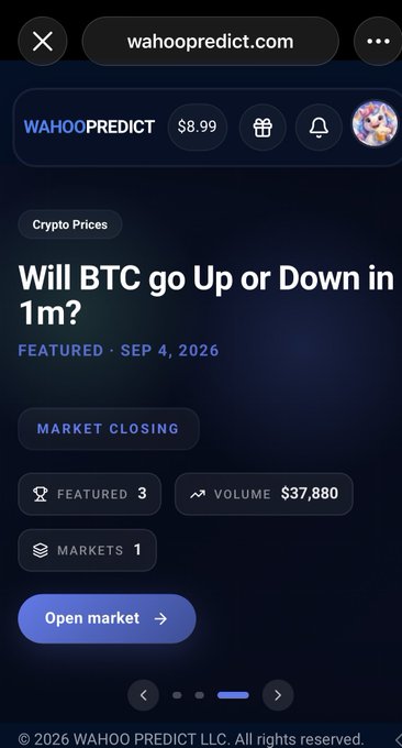 A mobile screenshot from 'wahoopredict.com' features a crypto prediction market asking 'Will BTC go Up or Down in 1m?' with a volume of $37,880.