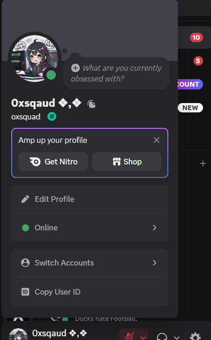 A Discord profile popup for user "Oxsqad" (oxsquad) showing options like "Get Nitro," "Edit Profile," and "Copy User ID," with a custom status reading "What are you currently obsessed with?" The image appears unrelated to the post about Arc ecosystem projects and builders.