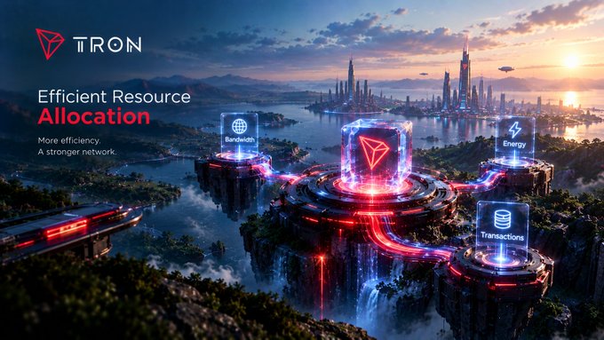 A promotional graphic for 'TRON' featuring the text 'Efficient Resource Allocation' and 'More efficiency. A stronger network.', with a futuristic floating city and holographic icons labeled 'Bandwidth', 'Energy', and 'Transactions'.