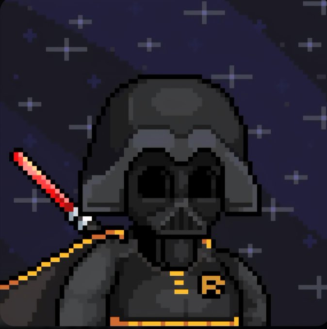 A pixel art illustration of Darth Vader holding a red lightsaber against a starry space background.