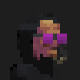 A heavily pixelated/mosaic dark image with purple, orange, and brown blocks.