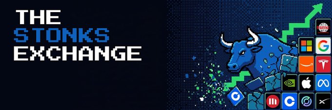 A banner graphic for 'THE STONKS EXCHANGE' featuring a blue bull breaking through a wall surrounded by logos of major tech companies like Google, Apple, Tesla, Microsoft, Meta, and NVIDIA.