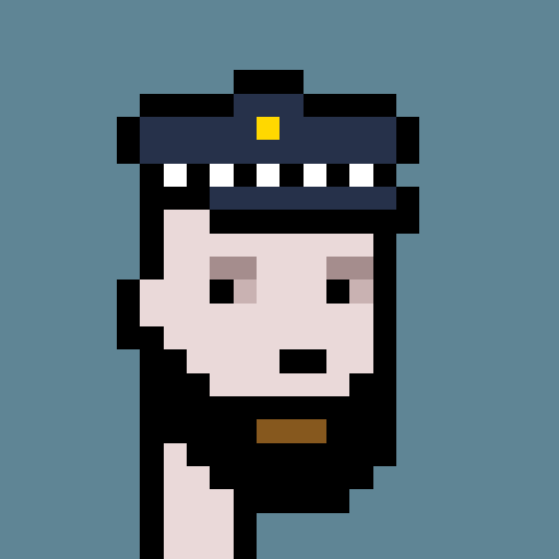 Pixel art of a character with long black hair, wearing a blue cap and white shirt, set against a blue background.
