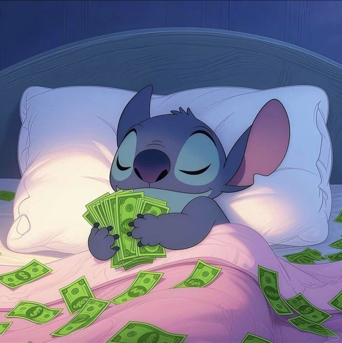 An illustration of Stitch from Lilo & Stitch sleeping peacefully in bed while clutching a stack of cash, with more bills scattered around him.