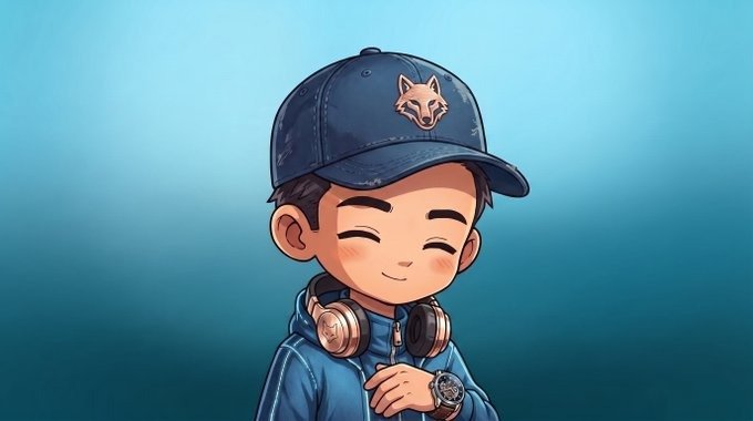 A digital illustration of a smiling boy wearing a blue baseball cap with a wolf logo, blue hoodie, headphones around his neck, and a wristwatch.