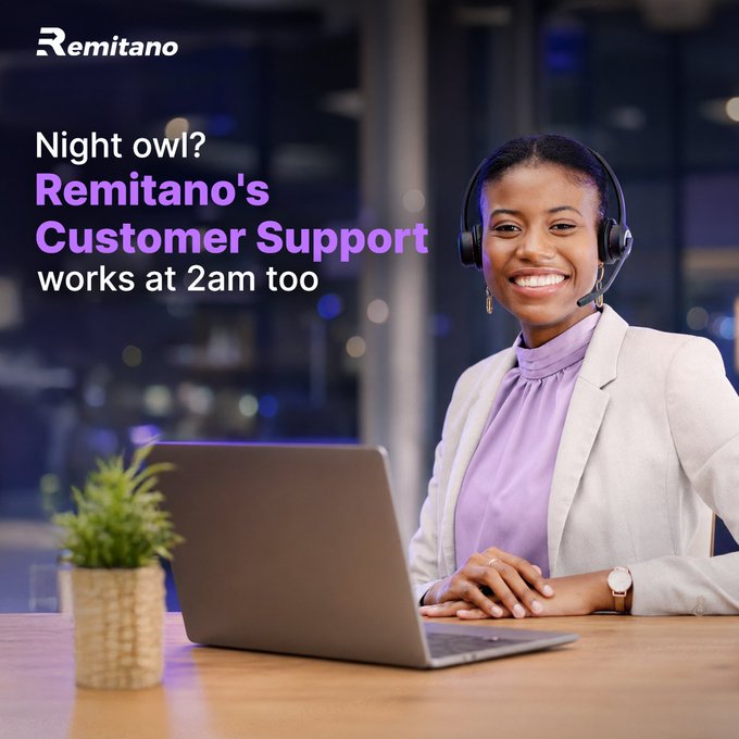 A smiling woman with a headset is shown at a laptop, with the text "Remitano's Customer Support works at 2am too". This image visually reinforces the post's message that Remitano's support is available around the clock.