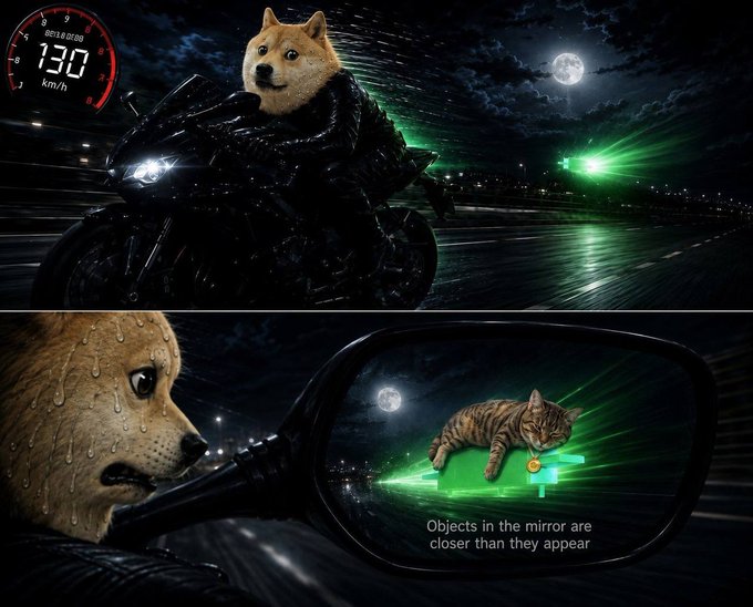 A Shiba Inu rides a sleek motorcycle at 130 km/h under a full moon, with its rearview mirror revealing a tabby cat with a gold coin for a collar chasing behind — captioned "Objects in the mirror are closer than they appear." The image humorously depicts $CATE (cat-themed token) rapidly closing in on $DOGE, symbolizing the poster's confident prediction that $CATE will overtake $DOGE to hit a 100M market cap.