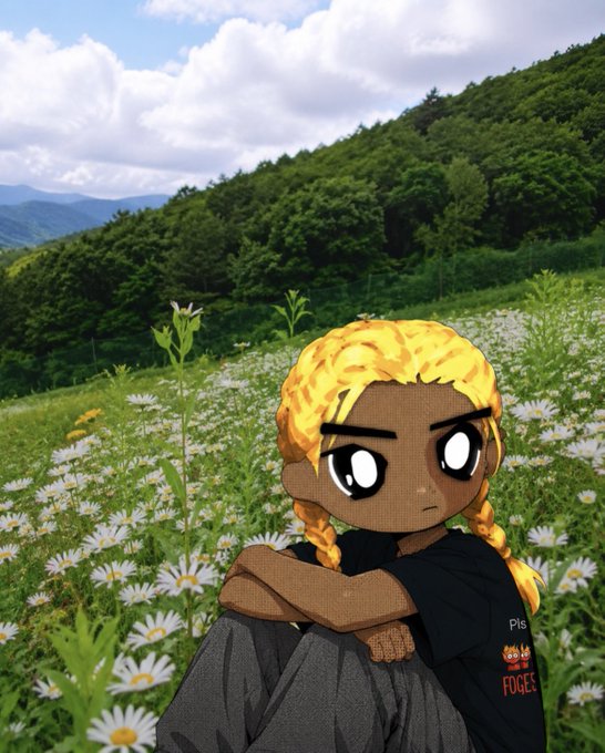 An anime-style character with blonde braided hair and a black "Pls FOCUS" shirt sits in a field of daisies with forested mountains and a cloudy sky in the background.