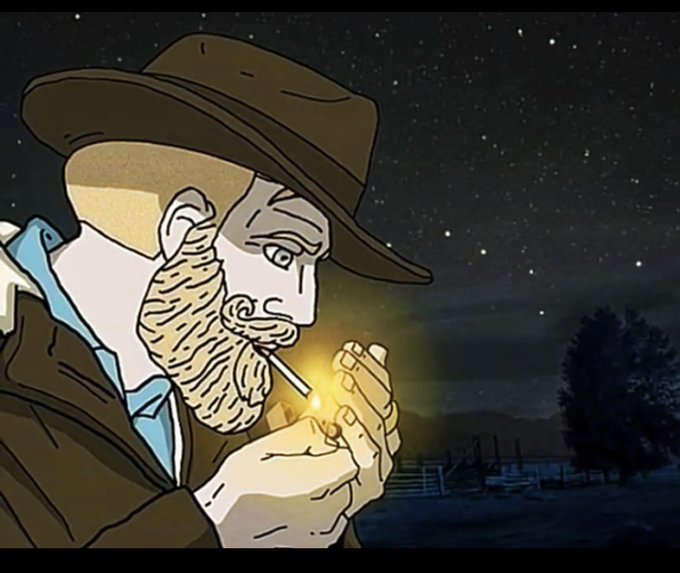 An illustrated rugged man with a beard and cowboy hat lights a cigarette under a starry night sky, evoking a stoic, self-reliant archetype. The image visually embodies the "$CHAD" thesis from the post, depicting the cool, confident Chad figure that contrasts with the Wojak and taps into a meme narrative people aspire to identify with.
