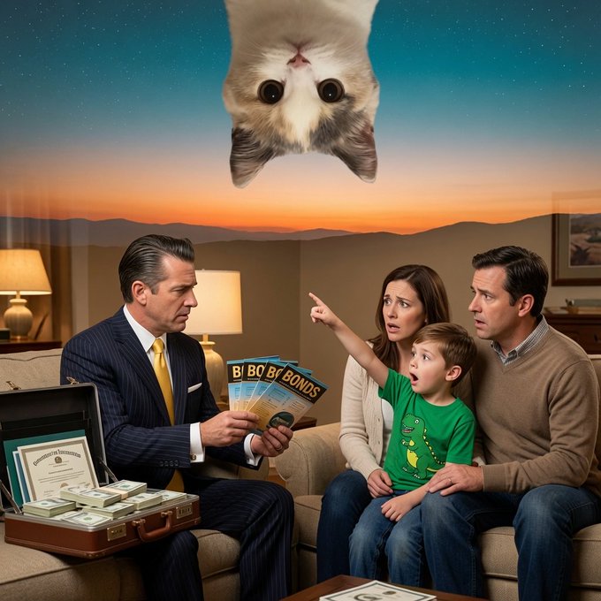 The image features a man dressed in a suit holding up some papers, with a cat sitting on his shoulder. The cat appears to be looking at something or someone above them, possibly indicating that they are in a room with a large window overlooking the moonlit sky. The photo is accompanied by a caption that reads "Moon time!!! $USDC Top tier community forming!!! Solid base!!!". This suggests that there might be an event or gathering related to the moon and its significance, as indicated by the presence of money on the table in front of them.