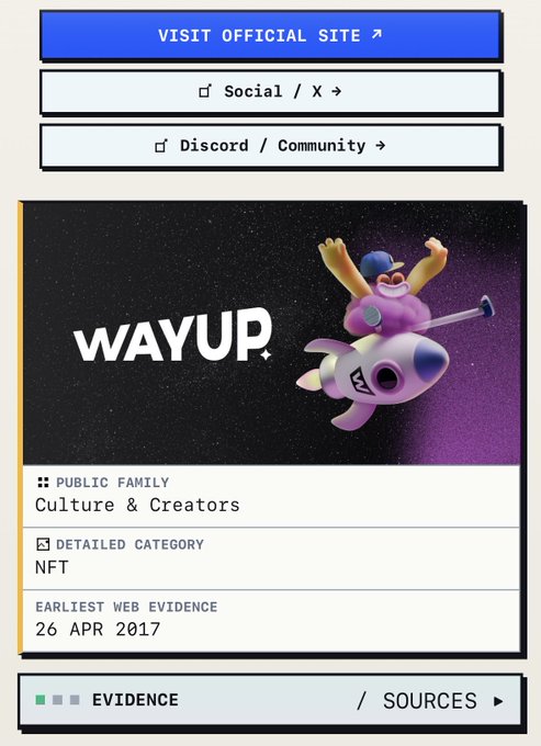 Project profile page for 'WAYUP' with a cartoon character on a rocket, categorized under Culture & Creators and NFT, with earliest web evidence dated 26 APR 2017.