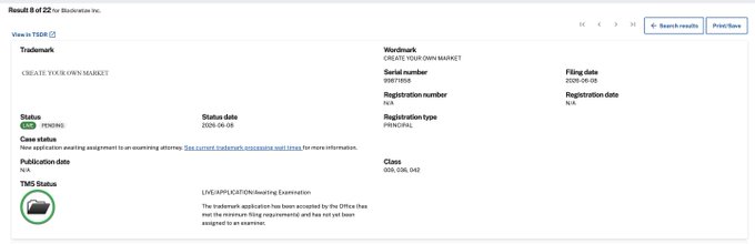 This image shows a USPTO trademark filing record for "CREATE YOUR OWN MARKET" under applicant Blocstation Inc., serial number 99878559, filed on 2026-06-08 with a live/PENDING status. The caption confirms the Polymarket-related claim from the post, noting the trademark's live status with a pending examination timeline, supporting the possibility of a new user-driven market creation feature tied to $POLY token utility.