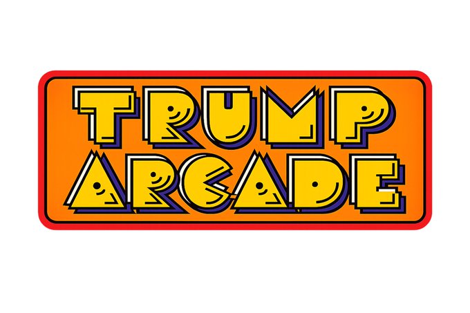 A retro-style orange and red sign with yellow bubble letters reading 'TRUMP ARCADE' in a vintage arcade font.