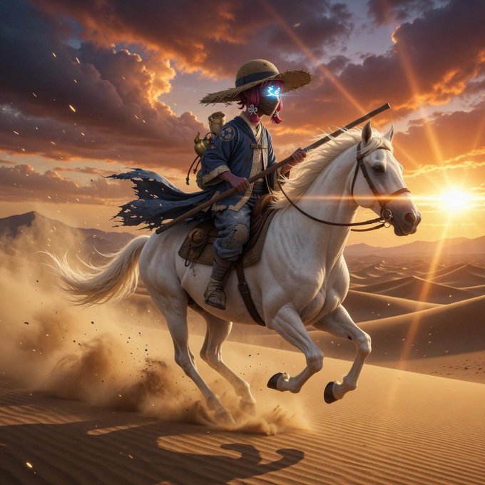 The image features a man riding a white horse through a desert landscape, with a sunset in the background. The man appears to be wearing a cowboy hat and has a mask on his face. There are also some clouds visible in the sky above them. The caption of the image reads "Good afternoon CT @useTria and @NucleusCodes got me checking rewards and reputation scores like I’m preparing for a crypto performance review nobody warned me about".