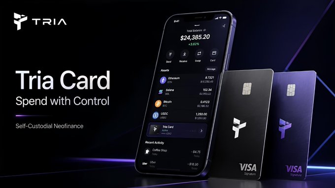 The image features a cell phone displaying three different cards from the Tria Card platform. The card on the left has a purple background with white text that reads "Tria Card Spend With Control", while the middle card has a black background with white text, which says "Self- Custodial Neodynasty". The third card is also purple and displays white text that reads "Visa". The image emphasizes the convenience of using digital assets for everyday expenses.