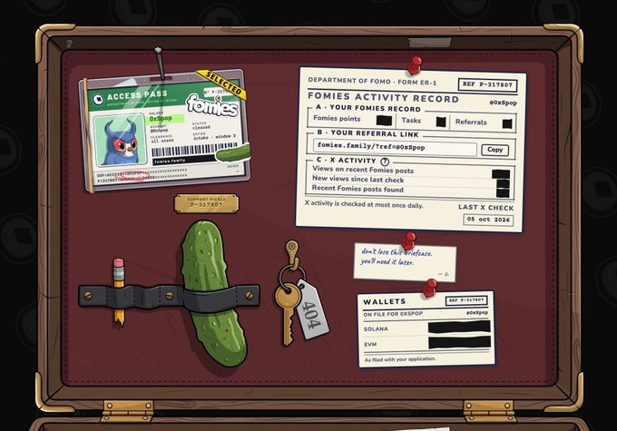 An illustrated 'Department of Fomo' Form ER-1 FOMIES Activity Record document displayed on a wooden bulletin board with a cactus, key, and pencil pinned to it.
