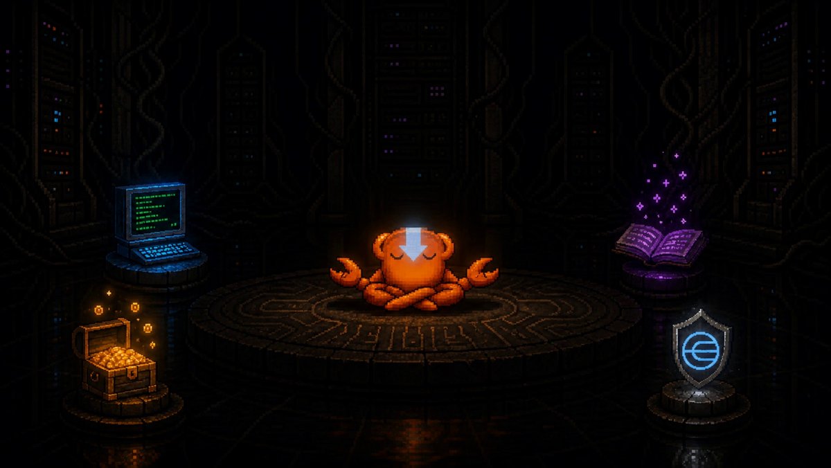 The image features a cartoon crab sitting in the center surrounded by various objects such as a laptop, a book, and a shield. The crab appears to be in a room with a computer monitor and keyboard nearby. The caption reads "Focus on what is in the image and how it relates to the post."