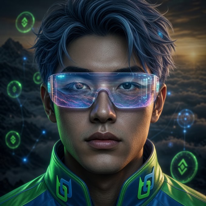 A digital portrait of a young man with blue-tinted hair wearing futuristic neon-tech glasses, set against a dark, mountainous backdrop with floating green holographic icons.