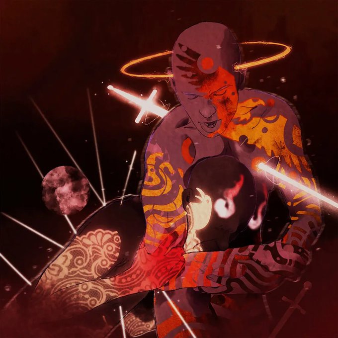 A dark, stylized digital illustration of two figures with intricate tattoos embracing, featuring glowing eyes, a halo, and a moon in the background.