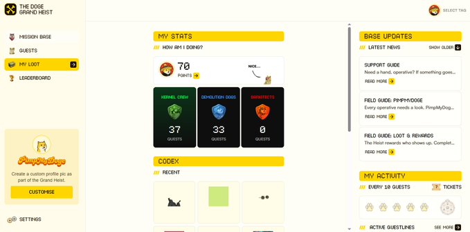 A gaming dashboard titled 'THE DOGE GRAND HEIST' showing sections for 'MY STATS', 'CODEX', 'BASE UPDATES', and 'MY ACTIVITY'.