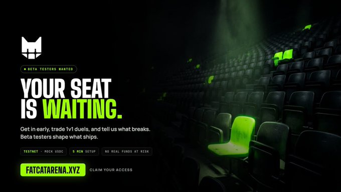 Promotional advertisement for FATCATARENA.XYZ beta testers, featuring the text 'YOUR SEAT IS WAITING' in white and green, set against an image of empty stadium seats with one highlighted green seat.