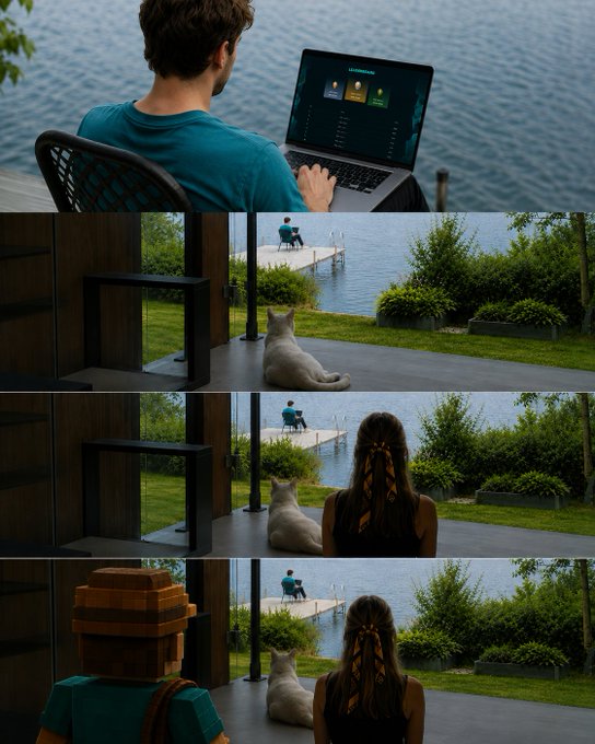 A four-panel sequence showing a man working on a laptop by a lake, a cat watching from inside, and a woman appearing beside the cat.