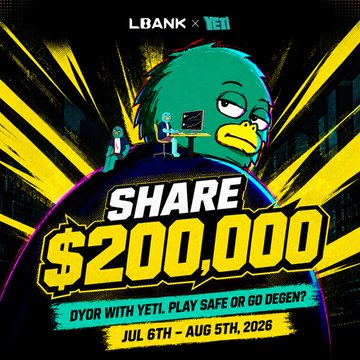 A vibrant promotional graphic for LBank × YETI features a cartoon duck character against a yellow and black comic-style background, advertising a "$200,000 SHARE" giveaway running from July 6th to August 5th, 2026, with the tagline "DYOR WITH YETI. PLAY SAFE OR GO DEGEN." The bold design and "Share $200,000" headline visually reinforce the post's message about LBank's $200,000 USDT campaign with YETI offering rewards like 10 USDT for signing up and depositing.