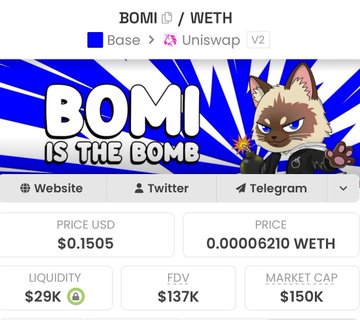 Cryptocurrency info page for BOMI / WETH on Uniswap V2 with a meme graphic 'BOMI IS THE BOMB' featuring an angry cartoon cat, showing a price of $0.1505, FDV $137K, and market cap $150K.