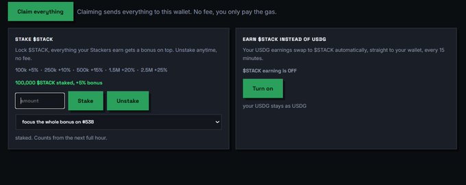 A cryptocurrency staking interface showing options to 'Claim everything' and '$TACK $STACK', with details about earning bonuses and a toggle to 'Earn $STACK instead of USDG'.