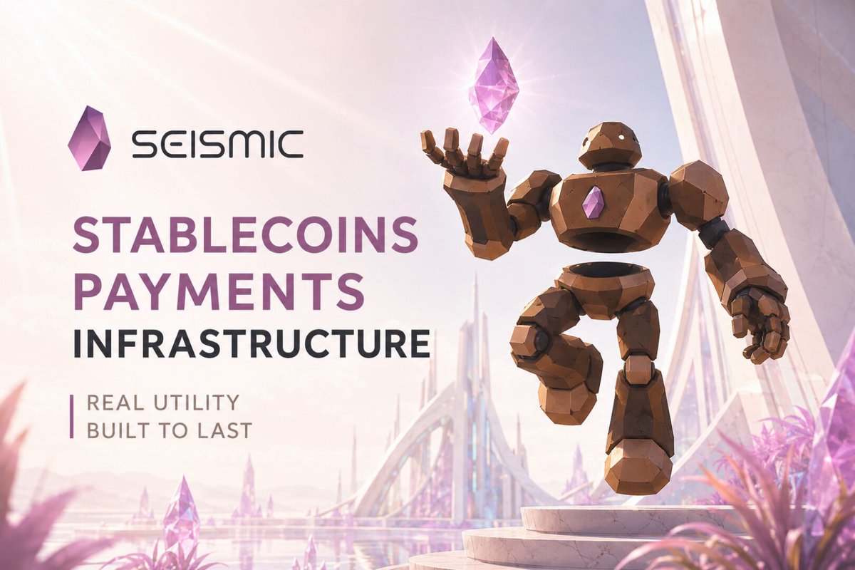 The image features a cartoon robot with a purple gemstone in its hand, standing next to a building that has a bridge over a river. The text "Seismic" appears multiple times throughout the image, suggesting that this might be related to the Seismic system or cryptocurrency. The post also mentions stablecoins and payment infrastructure, which could be related to the robot's abilities in some way.