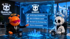 A promotional image showing two cartoon characters - an orange one wearing red sunglasses and a white panda-like character with sunglasses - in front of a blue digital 'QuirxLife' interface listing 'Quirxies'.