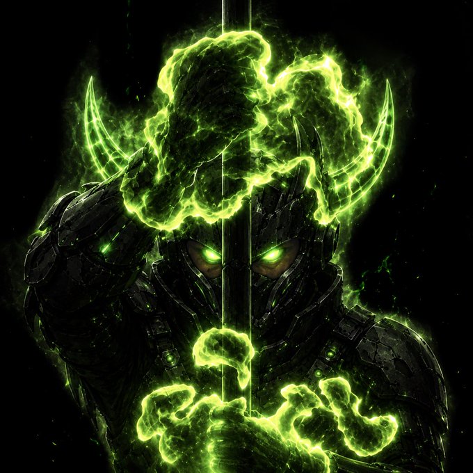 Dark fantasy digital artwork of an armored warrior with glowing green eyes, wielding a sword and surrounded by swirling green energy flames against a black background.
