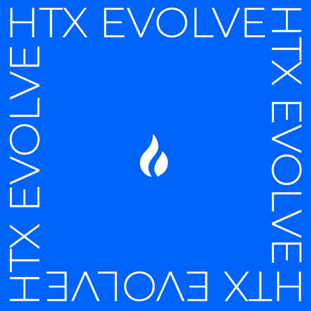 The image features a blue square with white text that reads "HTX Evolve" written in all capital letters, surrounded by a border of smaller white text. The main focus of the image is the large white flame located at the center of the frame.