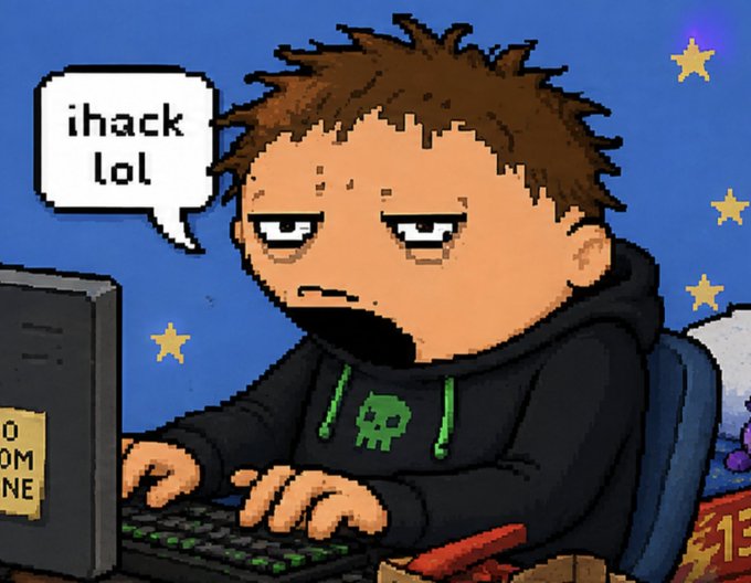 A cartoon illustration of a bored-looking boy with messy brown hair wearing a black skull hoodie, sitting at a computer with a speech bubble saying 'ihack lol' against a blue starry background.