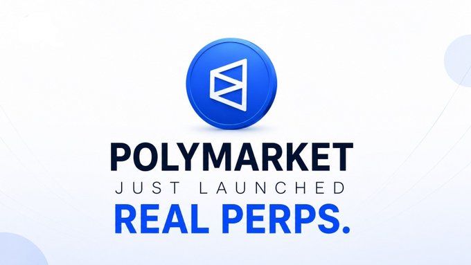 A promotional graphic with a blue logo reading "POLYMARKET" and text announcing "JUST LAUNCHED REAL PERPS."