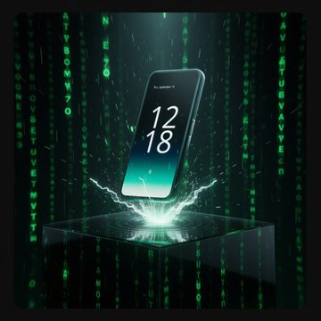 The image features an old cell phone with a green screen that displays the time as 12:18. The phone is placed on top of a glass block or stand, which is surrounded by a grid of green code blocks. This unique display suggests that the photo might be related to a discussion about the future of mobile technology and how it will change the way people interact with their devices.