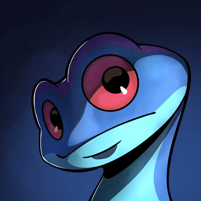 A digital drawing of a blue frog-like character with large red eyes smiling against a dark blue backdrop.