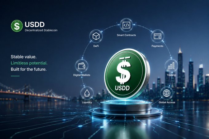 USDD Decentralized Stablecoin promotional graphic featuring a silver dollar coin with the tagline 'Stable value. Limitless potential. Built for the future.' showcasing use cases including DeFi, Smart Contracts, Payments, Digital Wallets, Trading, Liquidity, and Global Access.