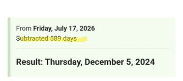 A digital date calculator displays the subtraction of 589 days from Friday, July 17, 2026, yielding a result of Thursday, December 5, 2024, with "Subtracted 589 days" highlighted in yellow—supporting the post's claim that December 5 falls exactly 589 days before July 17, 2026.