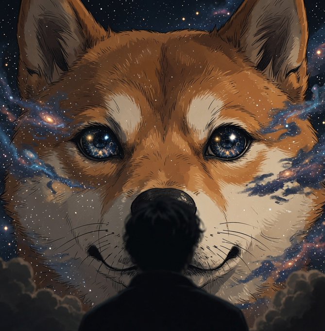 A silhouetted figure gazes up at a colossal Shiba Inu whose eyes and surrounding fur dissolve into swirling galaxies and starry nebulas, visually embodying the post's message that "one doge, infinite possibilities"—the cosmic imagery suggesting boundless potential contained within a single iconic symbol.