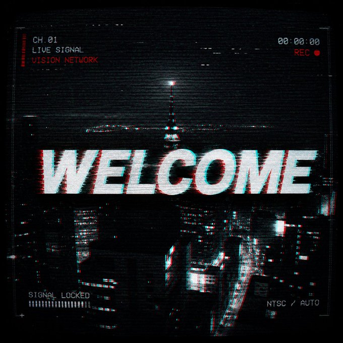 The image shows a glitchy, VHS-style broadcast interface overlaid on a dark cityscape at night, featuring the bold text "WELCOME" in distorted lettering. Technical overlays display "CH.01 LIVE SIGNAL," "VISION NETWORK," "00:00:00 REC," "SIGNAL LOCKED," and "NTSC / AUTO," with red and cyan chromatic aberration effects enhancing the surveillance aesthetic. This visual matches the post's theme of a cryptic, live "VISION" broadcast broadcasting on the Solana network via PumpFun, evoking the feeling of tuning into a mysterious, watched-back channel.