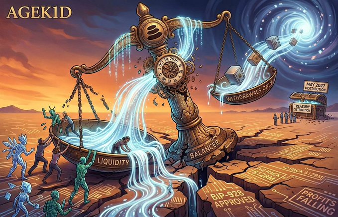 A detailed crypto-themed digital illustration titled 'AGEKID' showing a balance scale between liquidity and withdrawals, with labels including 'MAY 2027 DISTRIBUTION', 'TREASURY DISTRIBUTION', 'BIP-928 APPROVED', and 'PROFITS FALLING'.