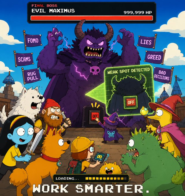 A pixel-art battle scene depicts "Final Boss Evil Maximus" with 999,999 HP towering over various characters, surrounded by banners labeled "FOMO," "SCAMS," "RUG PULL," "LIES," "GREED," and "BAD DECISIONS." A scanning interface labeled "WEAK SPOT DETECTED" highlights an "OFF" button on the beast's back, with a wizard flipping a switch and the tagline "WORK SMARTER" displayed at the bottom. The image visually reinforces the post's message that outsmarting overwhelming challenges—not fighting harder—is the key to defeating crypto's greatest threats.