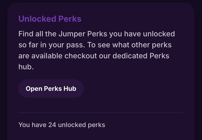 A screenshot of a "Unlocked Perks" section showing "You have 24 unlocked perks" with an "Open Perks Hub" button, matching the post's claim of having 20+ perks on their Jumper profile.