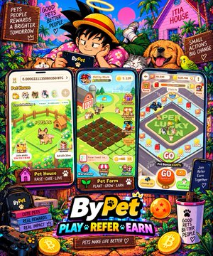 A colorful promotional advertisement for 'ByPet' featuring anime characters and pet-themed mobile games, with the tagline 'PLAY • REFER • EARN' and 'PETS MAKE LIFE BETTER'.
