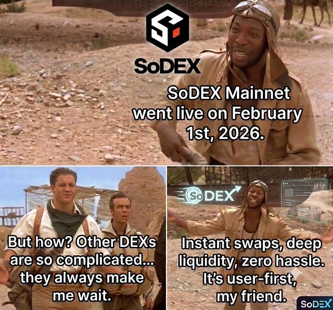 A SoDEX meme advertisement using scenes from The Mummy, announcing the SoDEX Mainnet launch on February 1st, 2026, highlighting features like 'Instant swaps, deep liquidity, zero hassle' as a user-first DEX.