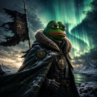 This image depicts a Pepe the Frog character in winter attire, standing before a dramatic aurora borealis, mirroring the "soaring" sentiment of the $PNORTH airdrop announcement. The torn flag emblazoned with a compass motif subtly hints at a journey or discovery, aligning with the idea of a "Great AirDrop."
